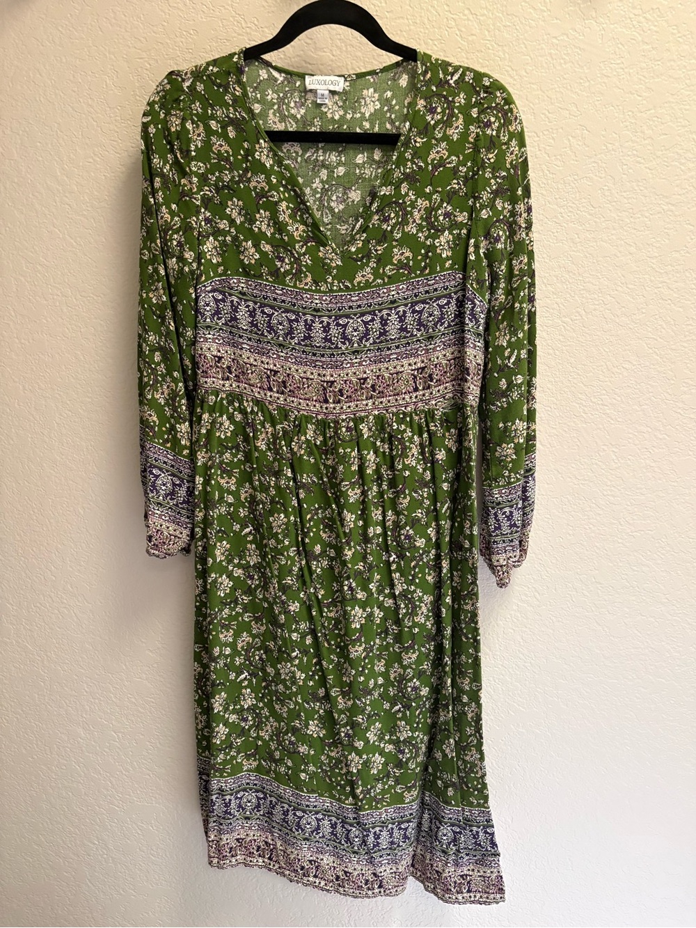 Luxology Green Floral Boho Long Sleeve Midi Dress